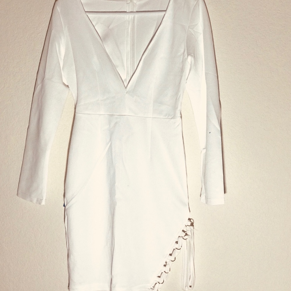 V neck white sexy dress